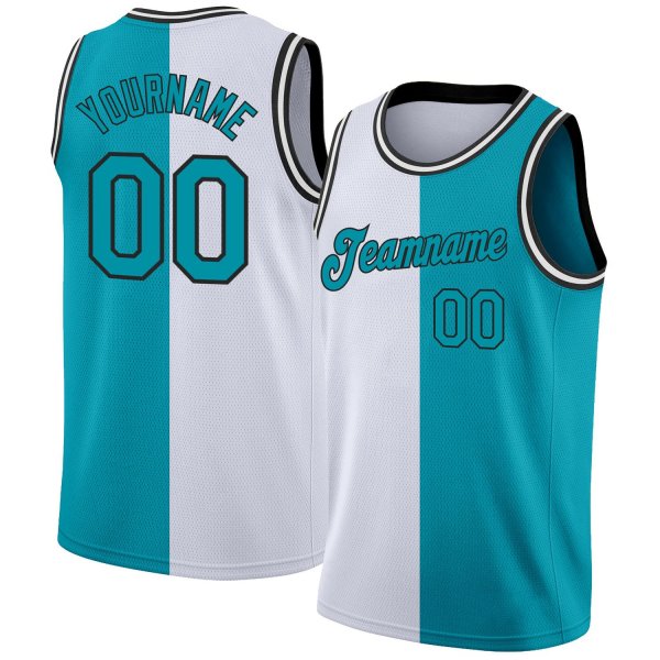 Men's Custom White Teal-Black Authentic Split Fashion Basketball Jersey