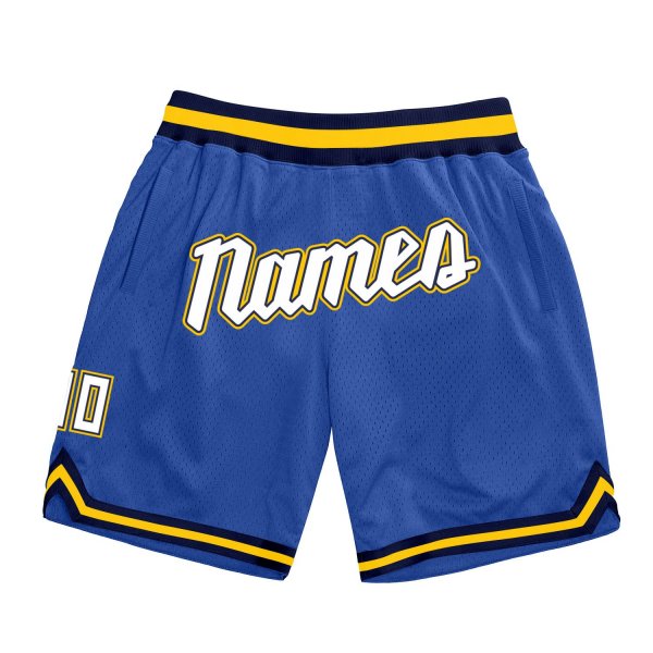 Men's Custom Blue White-Gold Authentic Throwback Basketball Shorts