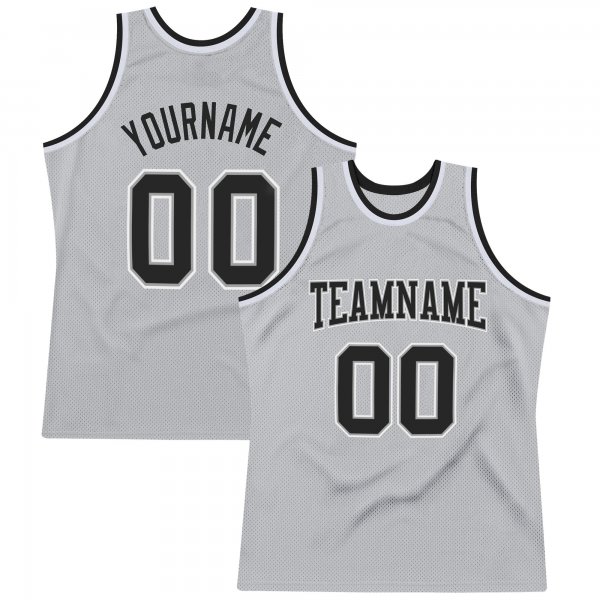 Men's Custom Silver Gray Black-White Authentic Throwback Basketball Jersey